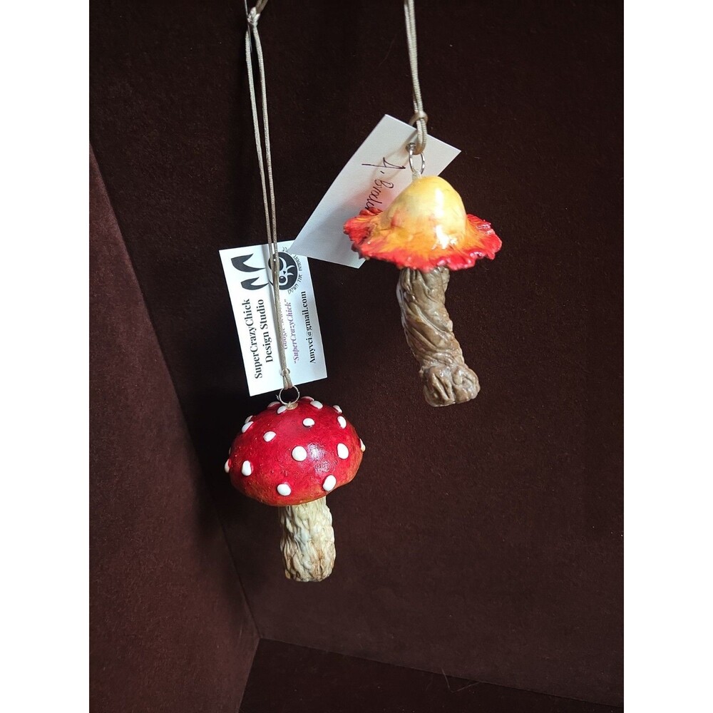 Set of 2 Handmade Mushroom and Toadstool OOAK Artist Signed Ornaments